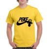 camiseta de algodón de color amarilla personalizada con una replica del logo de NIKE poniendo PEKE y colgando un chupete del logo nike