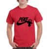 camiseta de algodón de color roja personalizada con una replica del logo de NIKE poniendo PEKE y colgando un chupete del logo nike