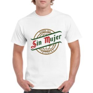 Camiseta algodón de color blanca personalizada con una replica humorística del logo de la cerveza San Miguel pero poniendo Sin Mujer