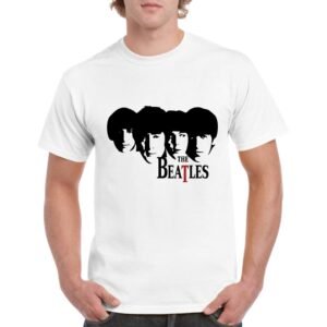 Camiseta unisex 100% algodon de color blanco personalizada con el logo y silueta de los THE BEATLES
