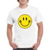 Camiseta de algodón de color blanco personalizada con la cara SMAIL con una sonrisa haciendo una peineta