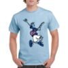 Camiseta de algodón de color azul celeste personalizada con el iconico fido dido de 7up tocando la guitarra