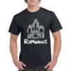 Camiseta de algodón de color negro personalizada con una caricatura de los componentes del mitico grupo de punk-rock THE RAMONES