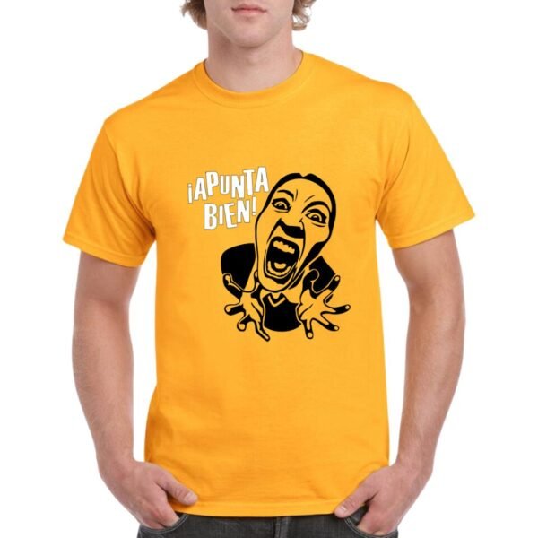 Camiseta manga corta de algodón de color naranja personalizada con la cara de una señora vociferando "APUNTA BIEN"