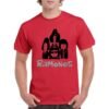 Camiseta de algodón de color rojo personalizada con una caricatura de los componentes del mitico grupo de punk-rock THE RAMONES