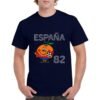 Camiseta de algodón de color azul marino personalizada con la historica mascota NARANJITO del mundial de futbol de 1982 de España
