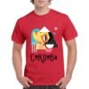 Camiseta de algodón de color rojo personalizada con una ilustracion cubista haciendo referencia a la ciudad de Córdoba