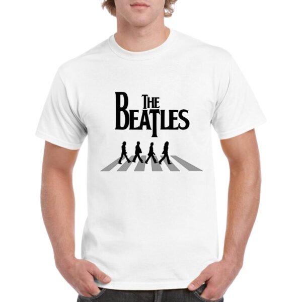 Camiseta de algodón de color blanco personalizada con la imagen de los 4 Beatles cruzando un paso de peatones