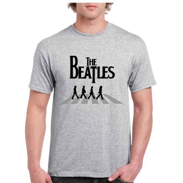 Camiseta de algodón de color gris personalizada con la imagen de los 4 Beatles cruzando un paso de peatones