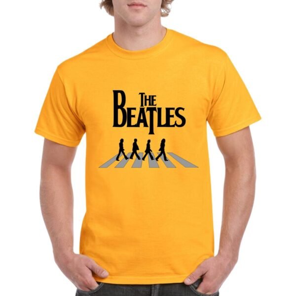 Camiseta de algodón de color naranja personalizada con la imagen de los 4 Beatles cruzando un paso de peatones