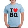 Camiseta algodón de color azul celeste personalizada con la frase I LOVE 80's y con un corazon rojo