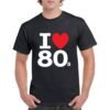 Camiseta algodón de color negro personalizada con la frase I LOVE 80's y con un corazon rojo