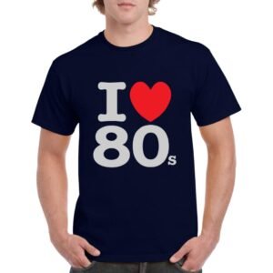Camiseta algodón de color azul marino personalizada con la frase I LOVE 80's y con un corazon rojo
