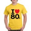 Camiseta algodón de color amarillo personalizada con la frase I LOVE 80's y con un corazon rojo