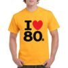 Camiseta algodón de color naranja personalizada con la frase I LOVE 80's y con un corazon rojo