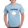 Camiseta unisex algodon de color azul celeste personalizada con la iconica hoja de la bandera de Canada y la palabra CANADÁ