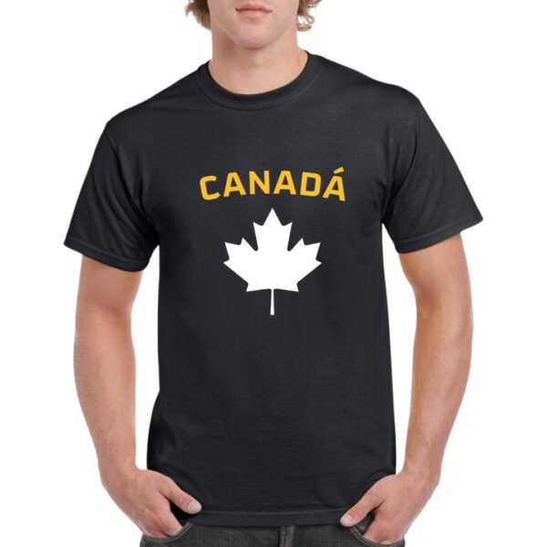 Camiseta unisex algodon de color negro personalizada con la iconica hoja de la bandera de Canada y la palabra CANADÁ