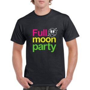 Camiseta unisex de color negro personalizada con la frase en colores neon fluorescentes FULL MOON PARTY