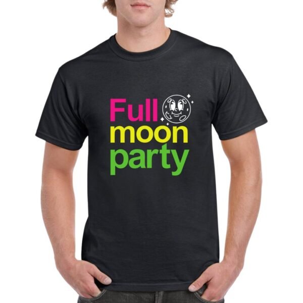 Camiseta unisex de color negro personalizada con la frase en colores neon fluorescentes FULL MOON PARTY