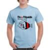 Camiseta unisex de color azul celeste personalizada con el nombre del famoso grupo español FITO & FITIPALDIS y el dibujo de un pez rockero caracterizado con la boina y pendientes del gran FITO