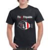 Camiseta unisex de color negro personalizada con el nombre del famoso grupo español FITO & FITIPALDIS y el dibujo de un pez rockero caracterizado con la boina y pendientes del gran FITO