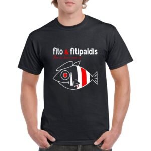 Camiseta unisex de color negro personalizada con el nombre del famoso grupo español FITO & FITIPALDIS y el dibujo de un pez rockero caracterizado con la boina y pendientes del gran FITO