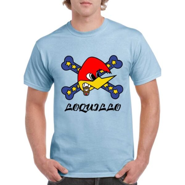 Camiseta unisex de color azul celeste personalizada con el logo del famoso musico LOQUILLO con la imagen del conocido pájaro loco