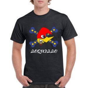 Camiseta unisex de color negro personalizada con el logo del famoso musico LOQUILLO con la imagen del conocido pájaro loco