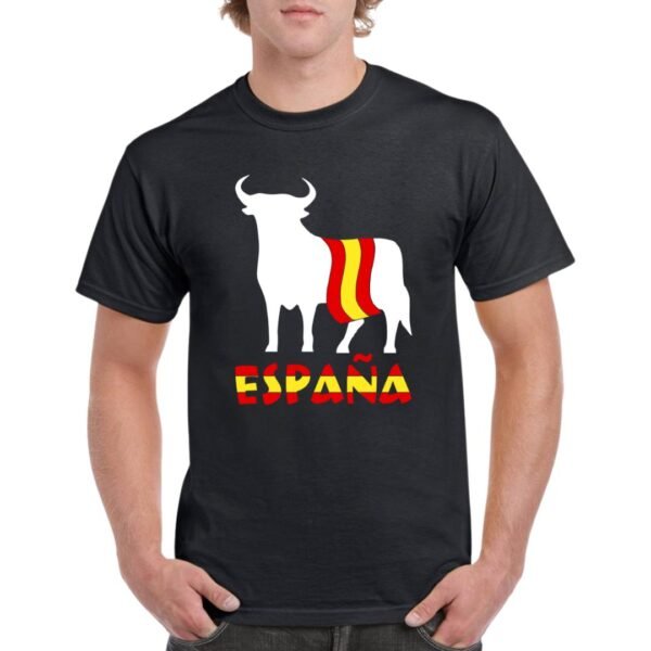 Camiseta unisex de color negro personalizada con el iconico simpolo español del TORO DE OSBORNE envuelto en la bandera de ESPAÑA