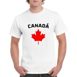 Camiseta unisex algodon de color blanco personalizada con la iconica hoja de la bandera de Canada y la palabra CANADÁ