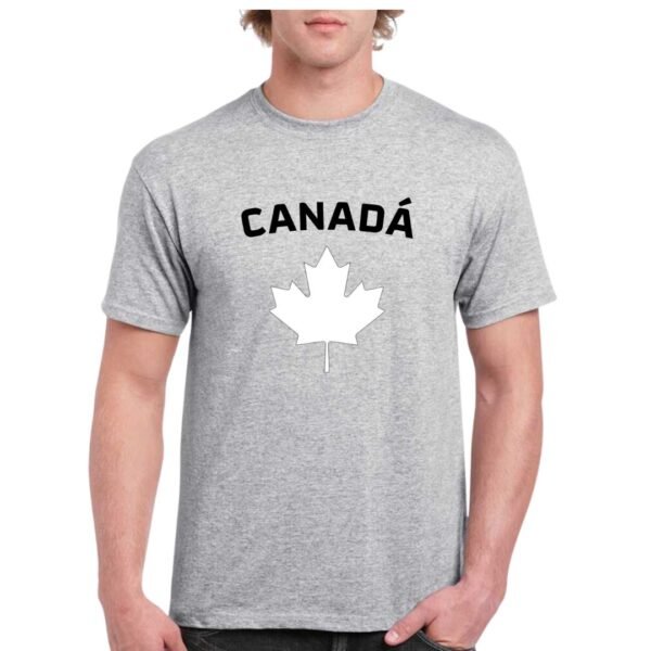 Camiseta unisex algodon de color gris personalizada con la iconica hoja de la bandera de Canada y la palabra CANADÁ