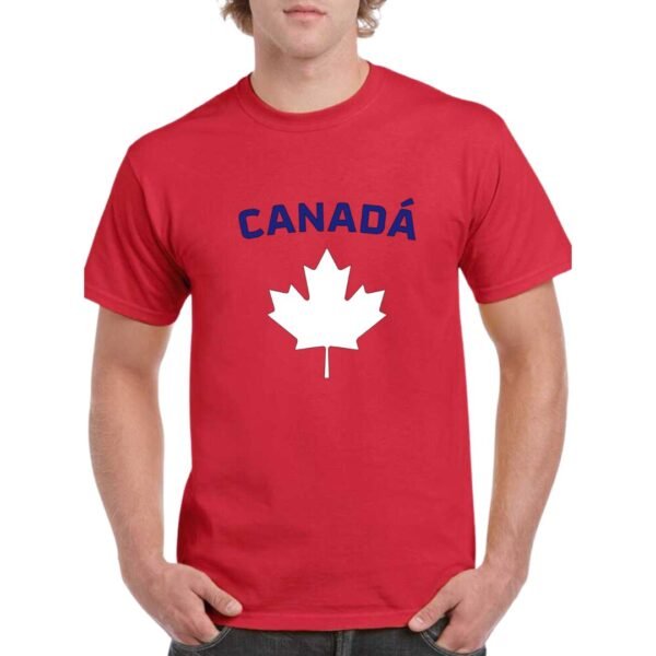Camiseta unisex algodon de color rojo personalizada con la iconica hoja de la bandera de Canada y la palabra CANADÁ