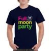 Camiseta unisex de color azul marino personalizada con la frase en colores neon fluorescentes FULL MOON PARTY