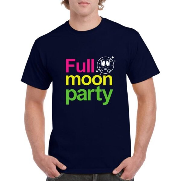 Camiseta unisex de color azul marino personalizada con la frase en colores neon fluorescentes FULL MOON PARTY