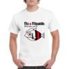 Camiseta unisex de color blanco personalizada con el nombre del famoso grupo español FITO & FITIPALDIS y el dibujo de un pez rockero caracterizado con la boina y pendientes del gran FITO
