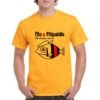 Camiseta unisex de color naranja personalizada con el nombre del famoso grupo español FITO & FITIPALDIS y el dibujo de un pez rockero caracterizado con la boina y pendientes del gran FITO