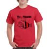 Camiseta unisex de color rojo personalizada con el nombre del famoso grupo español FITO & FITIPALDIS y el dibujo de un pez rockero caracterizado con la boina y pendientes del gran FITO