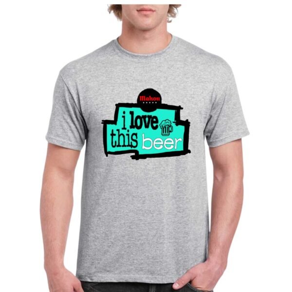 Camiseta unisex de color gris personalizada con una caricatura humoristica del logo mitico de I LOVE THIS GAME de la NBA, pero con I LOVE THIS BEER