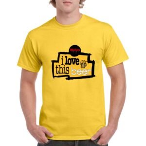 Camiseta unisex de color amarillo personalizada con una caricatura humoristica del logo mitico de I LOVE THIS GAME de la NBA, pero con I LOVE THIS BEER