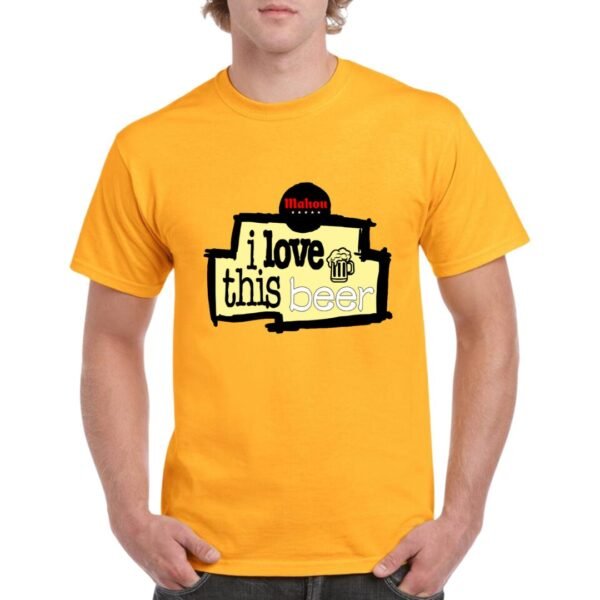 Camiseta unisex de color naranja personalizada con una caricatura humoristica del logo mitico de I LOVE THIS GAME de la NBA, pero con I LOVE THIS BEER