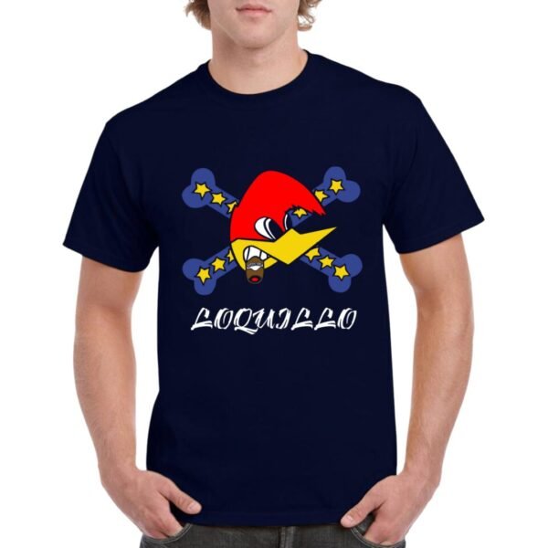 Camiseta unisex de color azul marino personalizada con el logo del famoso musico LOQUILLO con la imagen del conocido pájaro loco
