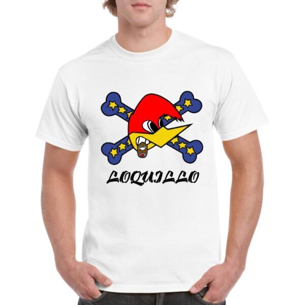 Camiseta unisex de color blanco personalizada con el logo del famoso musico LOQUILLO con la imagen del conocido pájaro loco