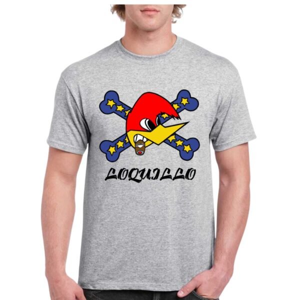 Camiseta unisex de color gris personalizada con el logo del famoso musico LOQUILLO con la imagen del conocido pájaro loco