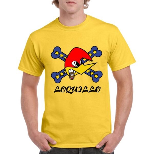 Camiseta unisex de color amarillo personalizada con el logo del famoso musico LOQUILLO con la imagen del conocido pájaro loco