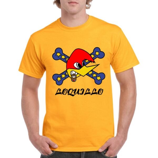 Camiseta unisex de color naranja personalizada con el logo del famoso musico LOQUILLO con la imagen del conocido pájaro loco