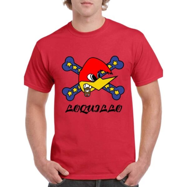 Camiseta unisex de color rojo personalizada con el logo del famoso musico LOQUILLO con la imagen del conocido pájaro loco