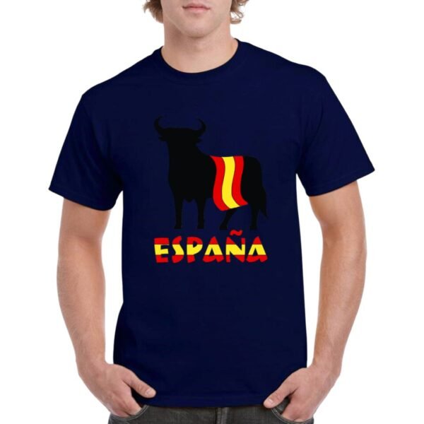 Camiseta unisex de color azul marino personalizada con el iconico simpolo español del TORO DE OSBORNE envuelto en la bandera de ESPAÑA