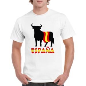 Camiseta unisex de color blanco personalizada con el iconico simpolo español del TORO DE OSBORNE envuelto en la bandera de ESPAÑA
