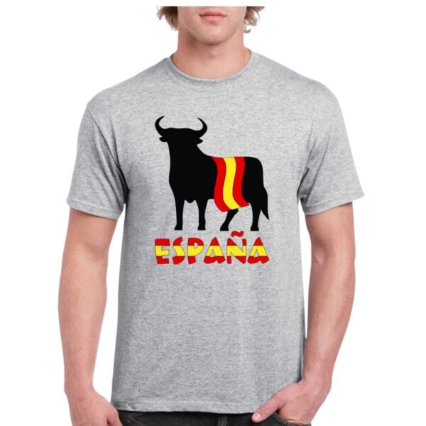 Camiseta unisex de color gris personalizada con el iconico simpolo español del TORO DE OSBORNE envuelto en la bandera de ESPAÑA