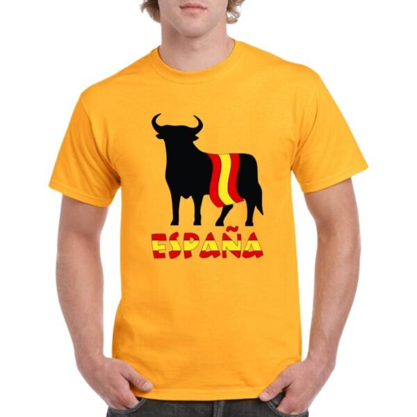 Camiseta unisex de color naranja personalizada con el iconico simpolo español del TORO DE OSBORNE envuelto en la bandera de ESPAÑA